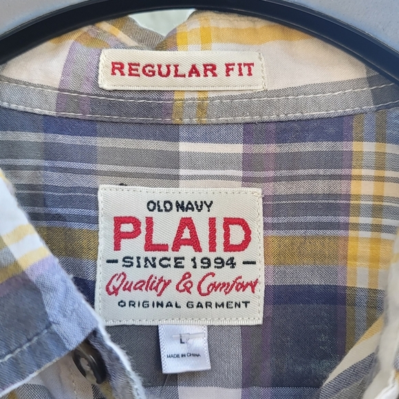 Old Navy Plaid Button Up Mens Shirt Large Yellow Blue lightweight Vintage - Picture 5 of 6